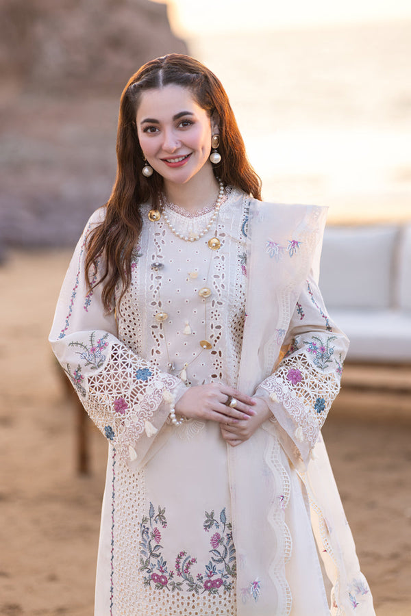 WHITE 3PC LAWN EMBROIDERED SHIRT WITH ORGANZA CUTWORK EMBROIDERED DUPATTA AND TROUSER - 455