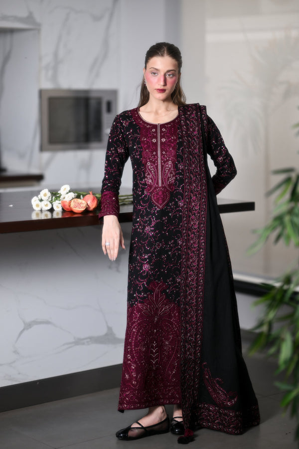 ZAIB-3PC DHANAK EMBROIDERED SHIRT WITH DHANAK EMBROIDERED SHAWL AND TROUSER V63