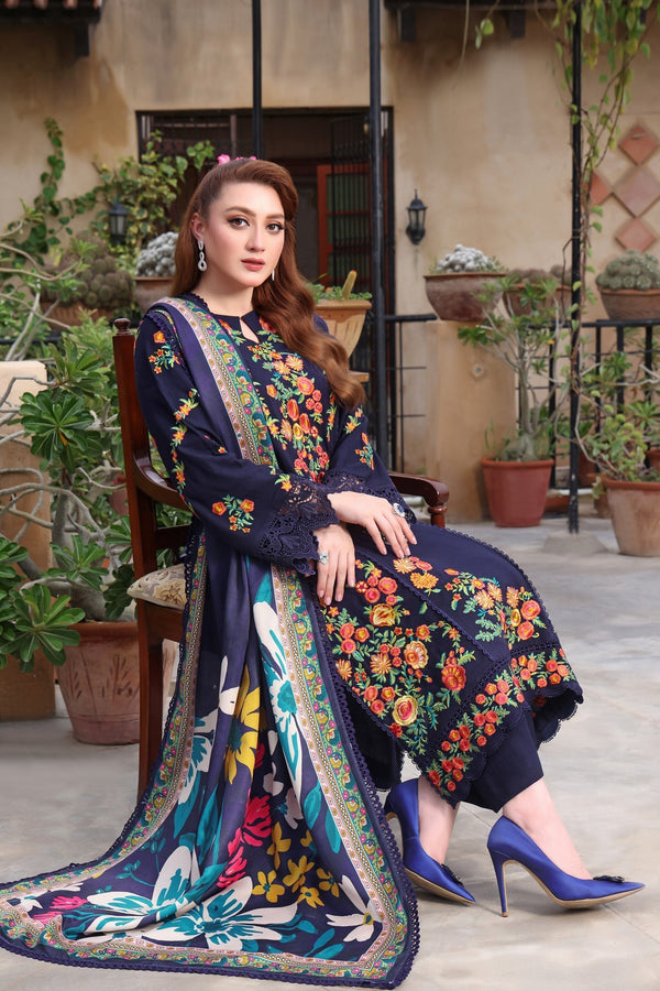 3PC DHANAK EMBROIDERED SHIRT WITH COURTRAI PRINTED SHAWL & TROUSERV676