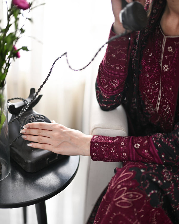 ZAIB-3PC DHANAK EMBROIDERED SHIRT WITH DHANAK EMBROIDERED SHAWL AND TROUSER V63