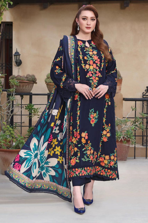 3PC DHANAK EMBROIDERED SHIRT WITH COURTRAI PRINTED SHAWL & TROUSERV676